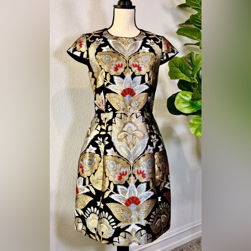 TED BAKER - with pockets! Imoen gold & black Oriental Dress Size 2UK/6US